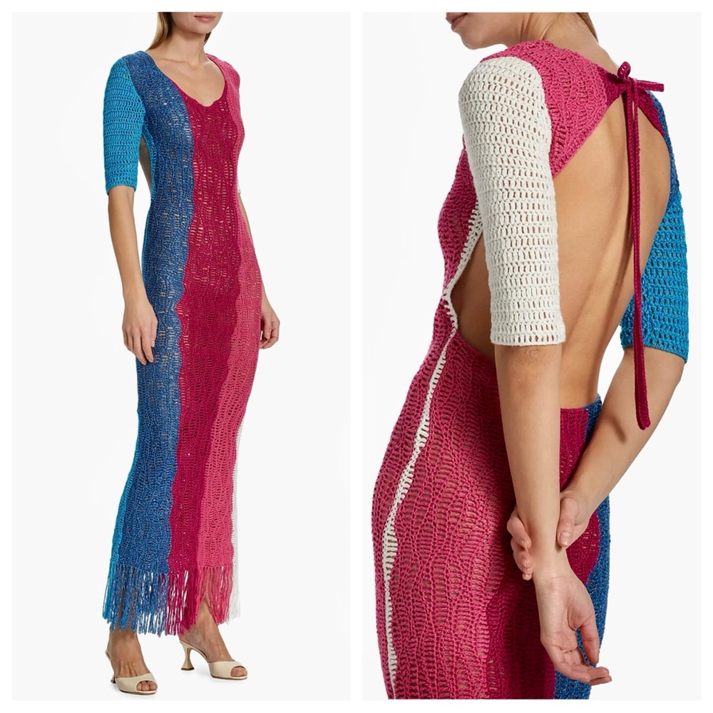 Alejandra Alonso Rojas Crocheted Knit Maxi Dress Colorblocked Open Back NWT S